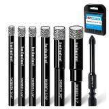DKIBBITH 7 Pack Dry Diamond Drill Bits & Tile Drill Bits Set for Ceramic, Porcelain, Marble, Granite, Stone, Glass - Round Shank 3/16\", 1/4\"(x2), 5/16\", 3/8\", 1/2\"+1 Pack Masonry Drill Bit 1/4\"