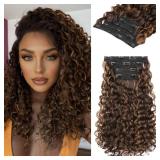 REECHO Curly Hair Extensions - 4PCS 14\" GoGo Curly Clip in Hair Extensions 100% Super Protein Hairpieces with Invisible Lace Weft Silky Soft Natural Look - Chocolate Brown with Golden Highlights