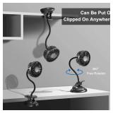 Clip On USB Mini Desk Fan with Emergency Power Bank, Battery Operated Rechargeable Portable Fan - Flexible Neck, 3 Speed Personal Cooling for Baby Stroller, Car, Camping, Office, Dorm, Beach - Black