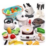 CUTE STONE Pretend Play Kitchen Toy with Cookware Steam Pressure Pot and Electronic Induction Cooktop, Cooking Utensils, Toy Cutlery, Cut Play Food, Shopping Basket Learning Toy for Girls Boys