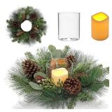 18\" Table Wreath Artificial Greenery Wreath with Detachable Glass Holder - Rustic Christmas Wreath for Front Door & Centerpieces