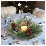 18\" Table Wreath Artificial Greenery Wreath with Detachable Glass Holder - Rustic Christmas Wreath for Front Door & Centerpieces