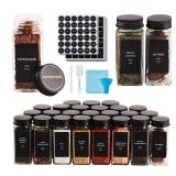 Skiileor 25 Pcs Spice Jars with Label- Glass Spice Jars with Black Metal Caps,Shaker Lids, Funnel, Chalk Pen, Brush,Cleaning Cloth 4oz Seasoning Containers Bottles for Spice Rack, Cabinet, Drawer