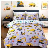 Holawakaka Construction Truck 5-Piece Twin Bed-in-A-Bag Set, Boys Comforter & Sheet Set with Excavator & Tractor Print, Kids Bedding Collection, Machine Washable, Gift for Kids