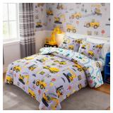 Holawakaka Construction Truck 5-Piece Twin Bed-in-A-Bag Set, Boys Comforter & Sheet Set with Excavator & Tractor Print, Kids Bedding Collection, Machine Washable, Gift for Kids