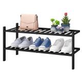 2-Tier Black Bamboo Shoe Rack for Entryway, Stackable | Foldable | Natural, Shoe Shelf Storage Organizer for Hallway Closet, Free Standing Shoe Racks for Indoor Outdoor