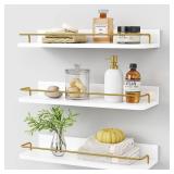 Forbena Gold Floating Shelves for Wall Decor Set of 3, Bathroom Shelves Over Toilet, Modern Display Wall Shelf with Guard Rail for Living Room Bedroom Organizers and Storage - White and Gold