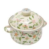 VIKKSAER 2.8 Qt Vintage Enamel Simmer Pot, Green Floral Enamel Stock Pot, Deep Vintage Cookware With Dural Handle for Stove Top, Ideal for 1-3 People