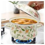 VIKKSAER 2.8 Qt Vintage Enamel Simmer Pot, Green Floral Enamel Stock Pot, Deep Vintage Cookware With Dural Handle for Stove Top, Ideal for 1-3 People