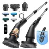 Leebein Electric Spin Scrubber, Cordless Cleaning Brush for Bathroom Shower Tub, IPX7 Waterproof Power Scrubber with 7 Brush Heads, Extendable Long Handle and 2 Speeds Scrubber for Bathtub Floor