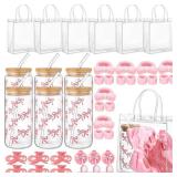 Reallnaive 6 Set Pink Bow Baby Shower Game Prize for Winners Hair Band Wrist Bands Coquette Folding Mirror Pink Bow Claw Clips Glass with Transparent Bag for Bridal Shower Wedding Galentine Favors