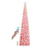 SINTENILL 6 FT Pop Up Christmas Tree with 100 LED Timer Lights & Remote, Pink Collapsible Christmas Tinsel Tree Artificial Pencil Tree Xmas Decoration for Holiday Home Office Party, USB Powered