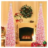 SINTENILL 6 FT Pop Up Christmas Tree with 100 LED Timer Lights & Remote, Pink Collapsible Christmas Tinsel Tree Artificial Pencil Tree Xmas Decoration for Holiday Home Office Party, USB Powered