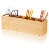 Jetec Wooden Pencil Pen Holder for Desk 6 Compartments Wood Office Desk Organizers for Countertop Adjustable Makeup Brush Organizer Silverware Caddy for Party, Home, Art Supplies(Bamboo)