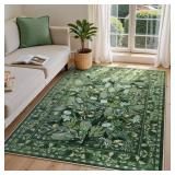Anidaroel Green Botanical Floral Washable 5x7 Area Rugs, Abstract Large Rugs for Living Room Non-Slip Soft Modern Rugs for Bedroom, Stain Resistant Accent Floor Carpet for Dining Room Entryway