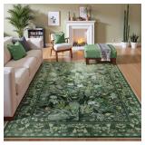 Anidaroel Green Botanical Floral Washable 5x7 Area Rugs, Abstract Large Rugs for Living Room Non-Slip Soft Modern Rugs for Bedroom, Stain Resistant Accent Floor Carpet for Dining Room Entryway