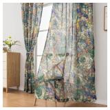 SUOUO Green Vintage Painting Floral Semi-Sheer Curtains Linen Textured for Living Room96 inches Long Rod Pocket Light Filtering Window Drapes for Bedroom Dining 2 Panels