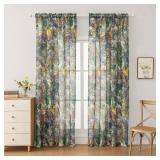 SUOUO Green Vintage Painting Floral Semi-Sheer Curtains Linen Textured for Living Room96 inches Long Rod Pocket Light Filtering Window Drapes for Bedroom Dining 2 Panels