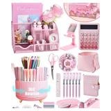LXEVIHK 21Pcs Pink Desk Organizers and Accessories With Mesh Desk Organizer and 360Â°Rotating Pen Holder and a Lot of Office Pink Office Supplies Beautifully Presented in a Gift Box