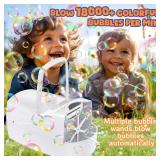 Bubble Machine, Automatic 18000+ Per Minute Big Bubbles Blower Maker for Kids Toddlers with 2 Speeds,6 Wands,Operated by Plugin or Batteries for Outdoor/Indoor Birthday Parties,Wedding (White)