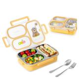 SAYAPE Stainless Steel Bento Lunch Box for Kids, 26.4 oz Leak-Proof 3-Compartment Metal Bento Box, BPA-Free, Cute Cartoon Meal Prep Snack Container with Utensils for School, Office, Travel - Yellow