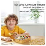 SAYAPE Stainless Steel Bento Lunch Box for Kids, 26.4 oz Leak-Proof 3-Compartment Metal Bento Box, BPA-Free, Cute Cartoon Meal Prep Snack Container with Utensils for School, Office, Travel - Yellow