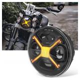 OFFROAD GAMERS X Style 5-3/4\" 5.75\" Motorcycles LED Headlight Round Projection Headlight Compatible with Dyna Street Bob Super Wide Glide DOT Approved Low Rider Night Rod Train Softail, Amber Light