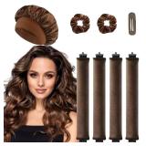 Heatless Curls Overnight Hair Curlers - 4 Pcs No-Heat Curling Rod to Sleep In and Shower Cap,Velvet Hair Rollers with Satin Wrap