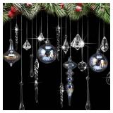 Civaner 32 Pcs Christmas Crystal Ornaments Hanging Clear Glass Plastic Hanging Decor Christmas Icicle Drop Crystal Ornaments for Xmas Tree Winter New Year Party Supplies (Holographic)