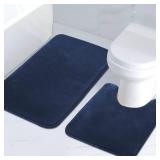 H.VERSAILTEX Bath Mat Memory Foam Set Bathroom Rug Set Flannel Velvety Bath Mat Luxury Extra Soft and Absorbent Non Slip Rugs for Bathroom/Bedroom Washable(Curved Set 24\"x 36\" Plus 20\"x 24\"U, Navy