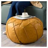 Louis DonnÃ© Moroccan Pouf Cover Unstuffed Waterproof Faux Leather Ottoman Foot Rest, Round Storage Bean Bag Chair for Stuffed Animals, Boho Floor Cushion for Living Room Patio, (Yellow)