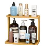 PEKER Bamboo Bathroom Organizer Countertop Small Vanity Storage Shelf for Makeup, Perfume, Skincare Natural Cosmetics Display Rack for Dresser, Sink, Kitchen- Natural