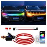 YM E-Bright Car Led Lights Exterior RGB Hood Light Strip Waterproof Multicolor Dynamic Scan Start Up Hoodbeam Kit DRL Daytime Running Lights for Cars,Truck,SUV,APP Control,12V 70inch