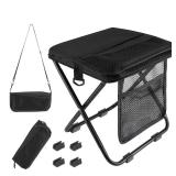 Portable folding stool with dual storage pockets and side pockets Compact adult-sized portable stool, ideal for camping, hiking, outdoor activities and events Maximum weight capacity 280 lbs (Black)