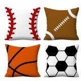 4PCs Sports Balls Pillow Covers Rugby, Basketball, Baseball, Soccer Throw Pillow Covers 18x18 Pillowcases Trendy Design Decorative Aesthetic Room Decoration for Boys Bedroom Toddler Room, Boys Room