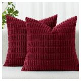 MIULEE Pack of 2 Burgundy Corduroy Decorative Pillow Covers 18x18 Inch Soft Boho Striped Throw Pillow Covers Modern Farmhouse Home Decor for Sofa Living Room Couch Bed