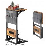 HLDIRECT C Shaped End Table with Charging Station, Couch Side Table with Storage Bag, Foldable TV Tray with 2 USB Ports and Outlets for Living Room, Bedroom, Rustic Brown - Retail: $40