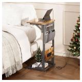 HLDIRECT C Shaped End Table with Charging Station, Couch Side Table with Storage Bag, Foldable TV Tray with 2 USB Ports and Outlets for Living Room, Bedroom, Rustic Brown - Retail: $40