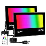 LED Flood Light Outdoor 50W RGB Color Changing, Smart Floodlights RGBW 2700K 5000LM Warm White & 16 Million Colors, 43 Modes Stage Lights, Grouping, Timing, IP66 Waterproof (2 Pack) - Retail: $43