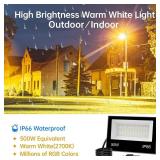 LED Flood Light Outdoor 50W RGB Color Changing, Smart Floodlights RGBW 2700K 5000LM Warm White & 16 Million Colors, 43 Modes Stage Lights, Grouping, Timing, IP66 Waterproof (2 Pack) - Retail: $43