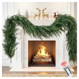 Christmas Cedar Garland Realistic with Lights - Cypress Decorations 9ft for Mantle Lighted Faux Pine Garlands for Xmas Prelit 9ft Door Decor Outdoor Indoor Home Decoration Stairs Railing Fireplace - R