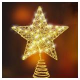 8 inch Christmas Tree Toppers Gold Glitter Star Metal Lighted with 20 LED Lights for Xmas Decorations, Holiday Party Indoor Bar Office Decor - Retail: $14
