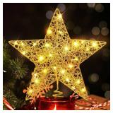 8 inch Christmas Tree Toppers Gold Glitter Star Metal Lighted with 20 LED Lights for Xmas Decorations, Holiday Party Indoor Bar Office Decor - Retail: $14