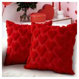 Valentines Day Decorations Pillow Covers - 18x18 inch Set of 2 Heart Shaped Pattern Faux Fur Soft Plush Throw Pillows Case for Indoor Outdoor Sofa Bedroom Living Room Festivals Anniversary Home Decor 