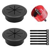2 Pack Desk Grommet 2 Inch (50 mm), Desk Hole Cover for Cables, Black Desk Cord Hole Cover for Office Home Table, Cable Grommet with 1 Hole Saw Drill Attachment  - Retail: $7