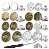 32 Sets Jeans Buttons Replacement, 17 mm and 20 mm No-Sew Removable Metal Buttons Replacement Repair Combo Thread Rivets and Screwdrivers in Storage Box, Women and Men