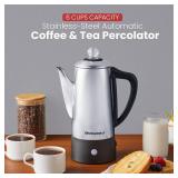 Elite Gourmet EC140 Electric 6-Cup Coffee Percolator with Keep Warm, Clear Brew Progress Knob Cool-Touch Handle Cord-less Serve, Stainless Steel - Retail: $48