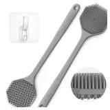 SILKLE Silicone Back Scrubber with Long Handle - Octagon Body Brush for Shower, Bath, and Exfoliating - Skin Cleansing, Back Scrub and Gentle Silicone Sponge - Wash Your Body with Easy Reach - Silver