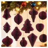 Dark Red Paper Christmas Party Decorations, 3D Honeycomb Paper Hanging Ornaments with Glitter, Vintage Finial Honeycomb Lantern Burgundy Ornaments for Christmas Trees Winter Wonderland Party - Retail: