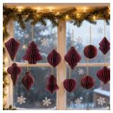 Dark Red Paper Christmas Party Decorations, 3D Honeycomb Paper Hanging Ornaments with Glitter, Vintage Finial Honeycomb Lantern Burgundy Ornaments for Christmas Trees Winter Wonderland Party - Retail: